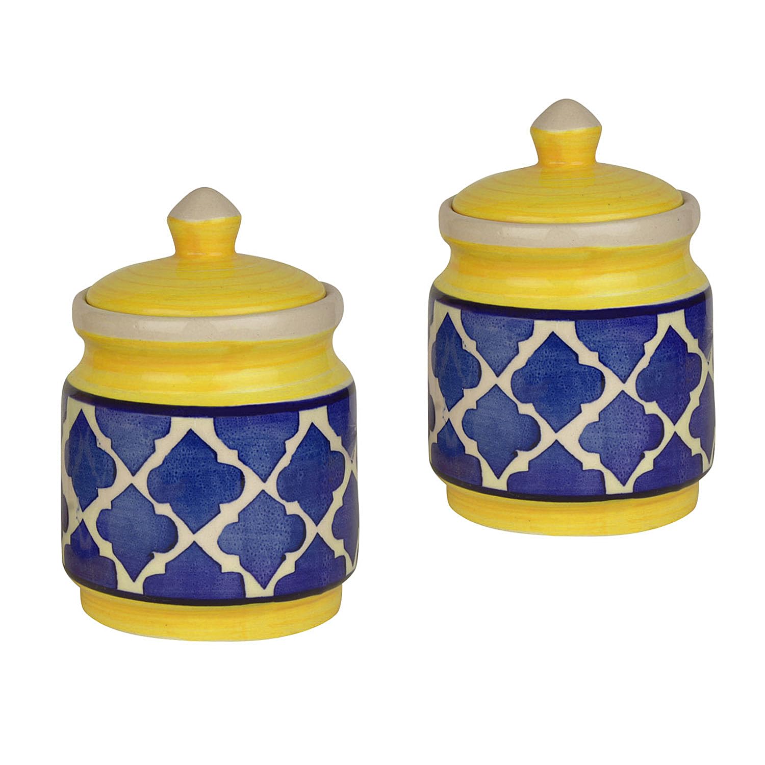 Hand Painted Ceramic Jar Set With Lid Set Of 2 - 500ml Each, Blue & Yellow | Ceramic Multi-Utility Storage Jar - Pickle Storage Jar With Lid, Burni