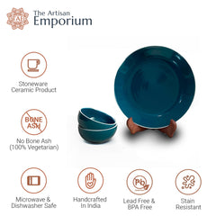 Retro Green Handcrafted Ceramic Dinner Set - 8 Pieces | 4 Dinner Plates + 4 Katori Bowls, 180ml Each Dinnerware Set | Serving For 4, Microwave Safe & Dishwasher Safe