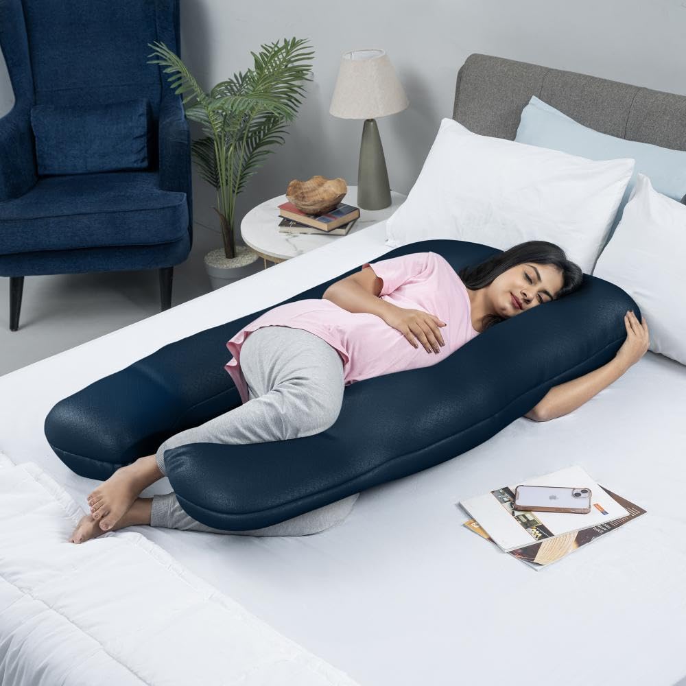 Pregnancy Pillow, U Shaped Pillow, Maternity Pillow For Sleeping - Navy Blue | 100% Cotton Pillow For Pregnant Mothers With Breathable & No Heat Fabric - Full Body Support For Better Sleep