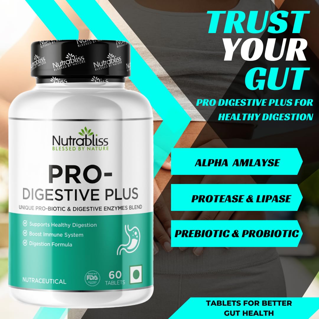Nutrabliss Pro Digestive Plus Improve Gut Health, Breakdown Carbs, Protein, Fat & Lactose, Potent Digestive Enzymes & Probiotic Blend | 60 Tablets, 100gm 0.2lbs