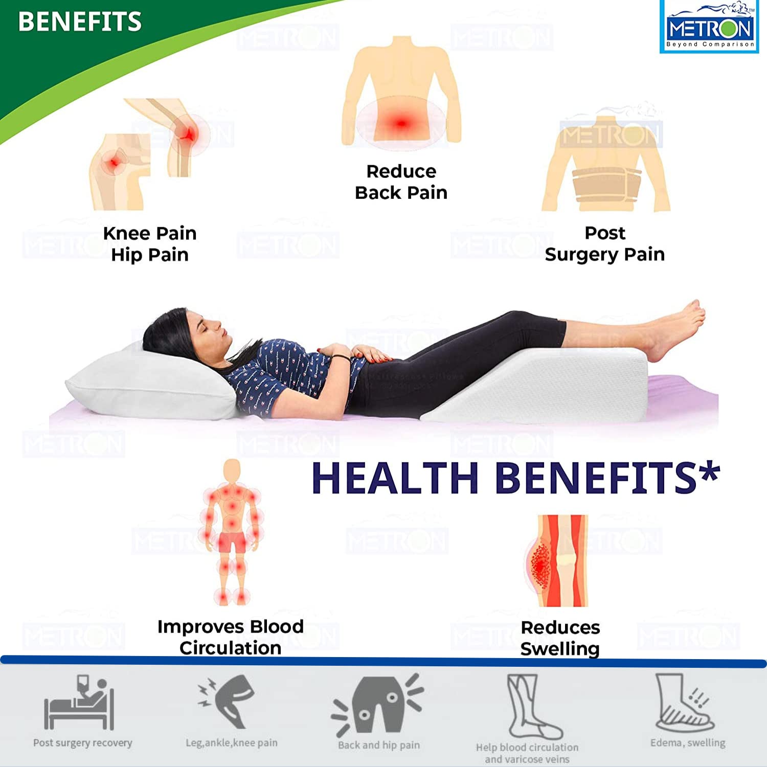 Orthopedic Bed Wedge Elevated Leg Pillow, White & Black - 20 X 18 X 8 Inch | For Leg Elevation Reduces Back Pain & Improves Blood Circulation | Removable & Washable Cover - Pack Of 1