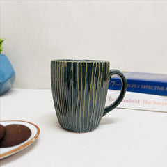Green Stripped Embossed Ceramic Coffee Mug Set Of 2 Pieces - 350ml Each | Studio Pottery Ceramic Mugs For Coffee, Tea, Milk - Microwave Safe & Leak Proof