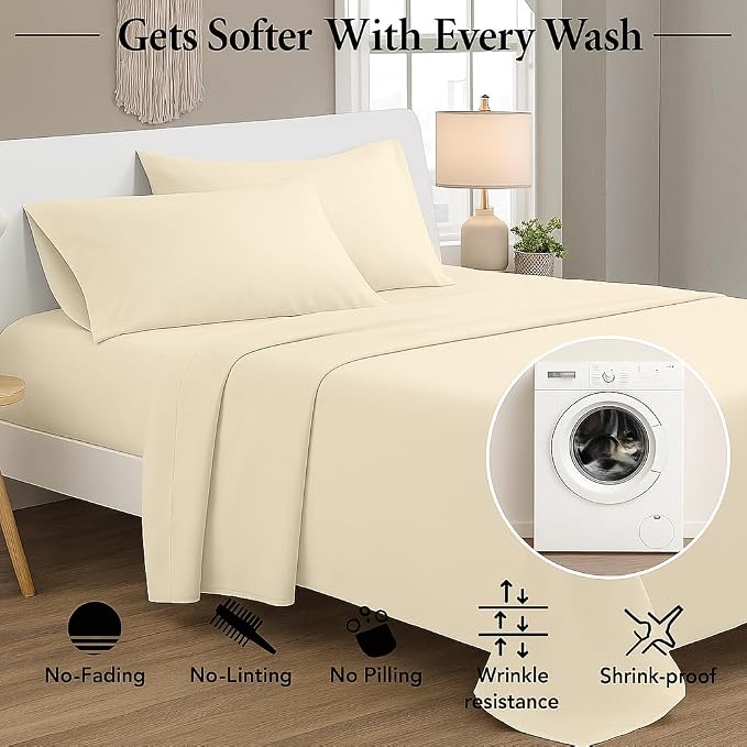 Bedsheets For King Bed With 2 Matching Pillow Covers, Ultra Soft - 108x108 Inch, Ivory | Good For Villas, Resorts, Guest Houses, & Daily Home Use