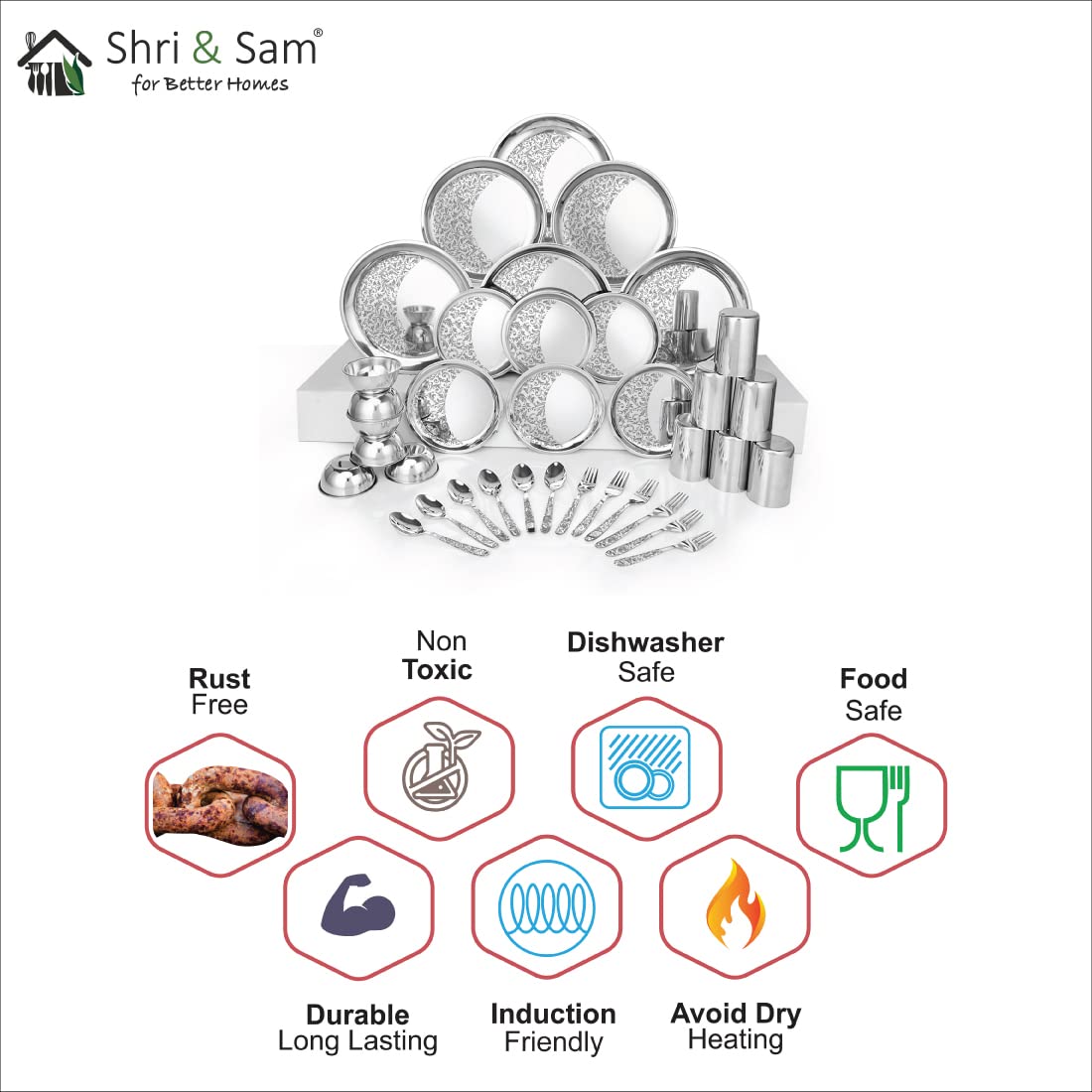 Designer Stainless Steel Delight Laser Bloom Leaf Dinner Set Of 36 Pieces, Silver | 6 Dinner Plates+ 6 Side Plates+ 6 Glasses+ 6 Bowls+ 6 Dessert Spoons+ 6 Dessert Fork