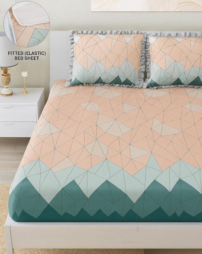 Premium Heavy King Size Bedsheet With 2 Frill Pillow Covers | 72 X 78 Inches, Pink & Sage Green | Double Bed, All-Around Elastic Fitted | Luxurious Comfort & Durability