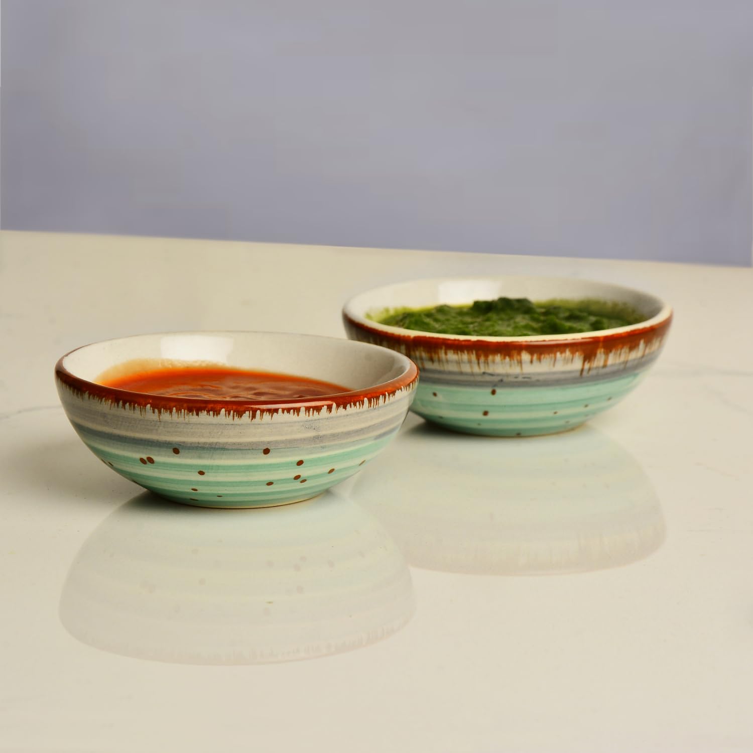 Studio Pottery Ceramic Green Carnival Round Shape Dip Bowls Set Of 2 - 50ml Each | Mini Bowls, Ketchup Bowls - Chutney, Sauce, Pickle Bowls