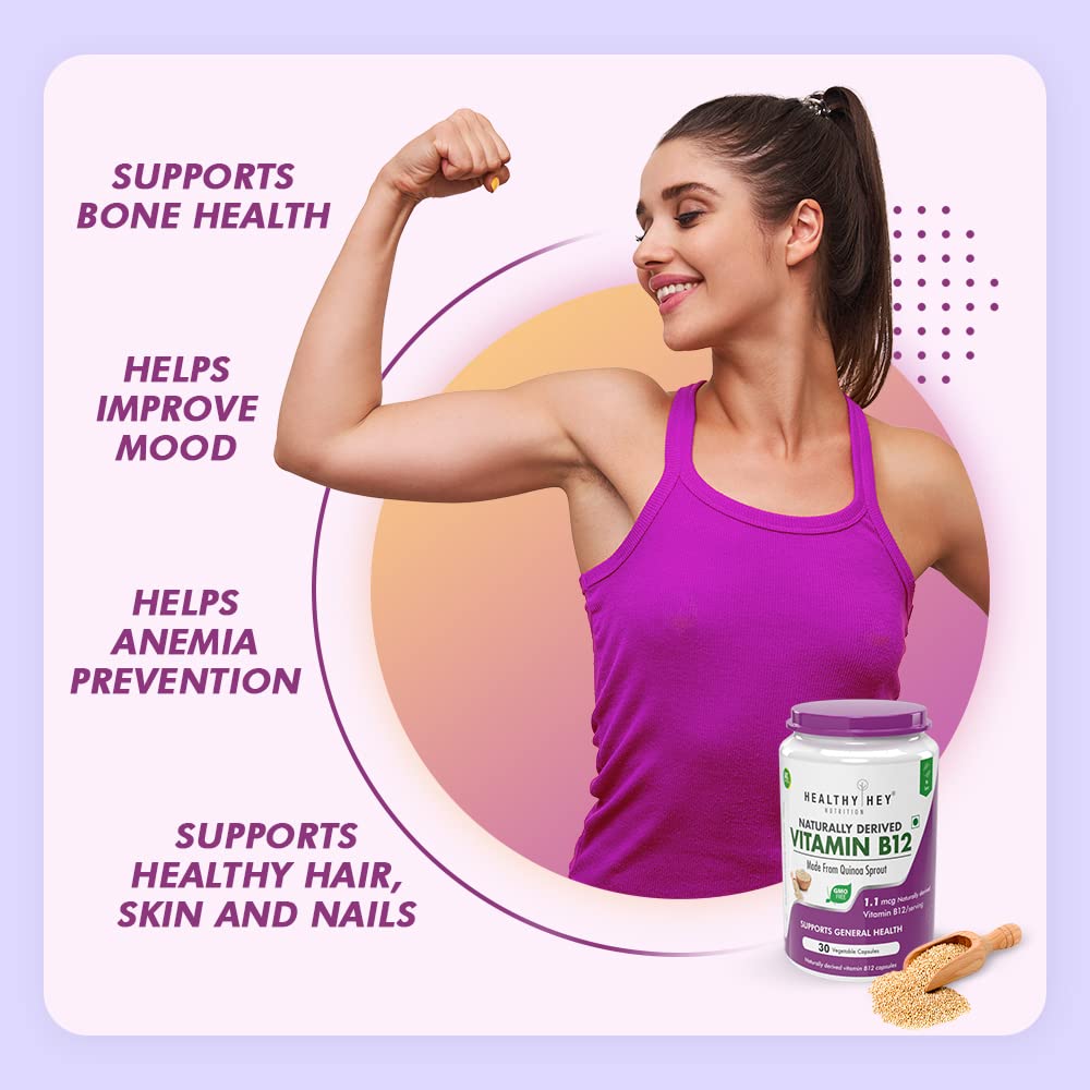 Healthyhey Nutrition 100% Natural Vitamin B12 - Support Immune Health | Non - Synthetic, No - Chemical | 30 Veg Capsules , 50gm 0.1lbs