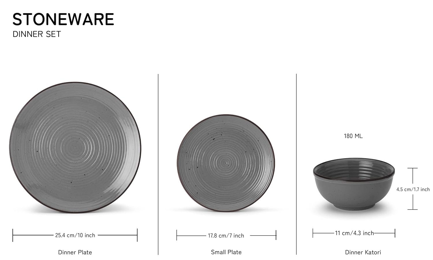 Handcrafted Ceramic Stoneware Dinner Set Of 18 Pcs - Grey | 6 Dinner Plates, 10 Inch Each + 6 Small Plates, 7 Inch Each + 6 Dinner Katori, 180ml Each - Microwave & Dishwasher Safe | Serving For 6