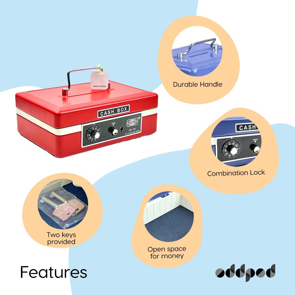 Imported Metal Cash Box With Dual Combination & Password Lock Medium Size Money Box For Cash, Jewellery Safe Locker With Removable Plastic Coin Tray, Colour - Red, Material - Metal