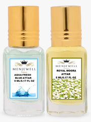 Menjewell Aqua Fresh Blue + Royal Mogra Attar Perfume 5ml 0.17 Fl.oz. Each Pack Of 2 | Unisex Fragrance | Long Lasting