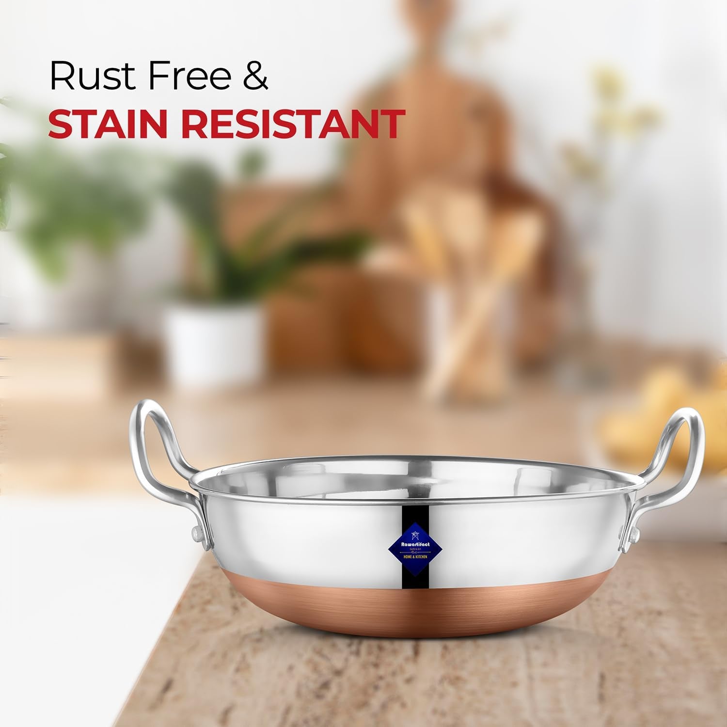 Silver Stainless Steel Kadhai With Copper Bottom - Pot Pans For Frying | Cookware Premium Heavy Gauge Steel Kadhai 1000ml