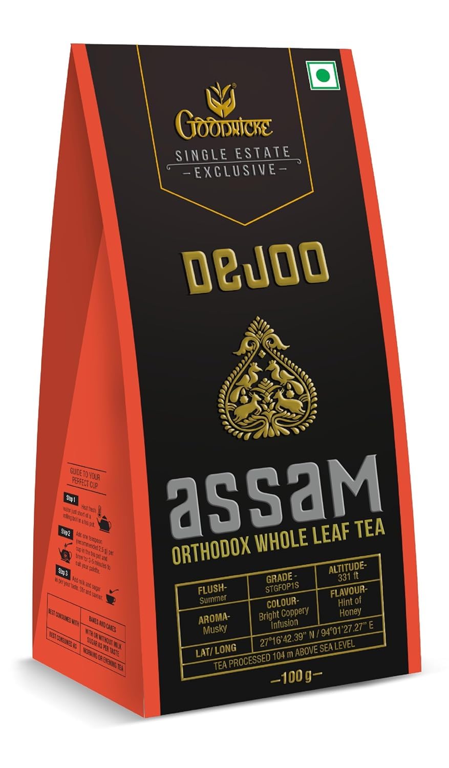 Goodricke Dejoo Single Estate Assam Orthodox Whole Leaf Tea - Pack Of 5 X 100gm, 3.5 Ounce Each | Richer Taste & Flavor - Low Caffeine Chai Patti
