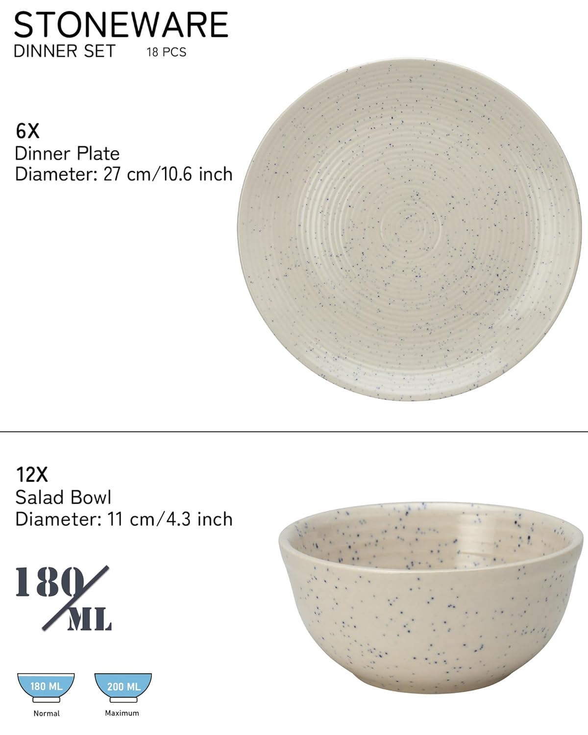 Handcrafted Ceramic Stoneware Dinner Set - Pack Of 18 Pcs, Ivory White | 6 Dinner Plates, 10.6 Inch Each + 12 Salad Bowl, 180ml Each - Microwave & Dishwasher Safe | Crockery Set For Dining & Gifting