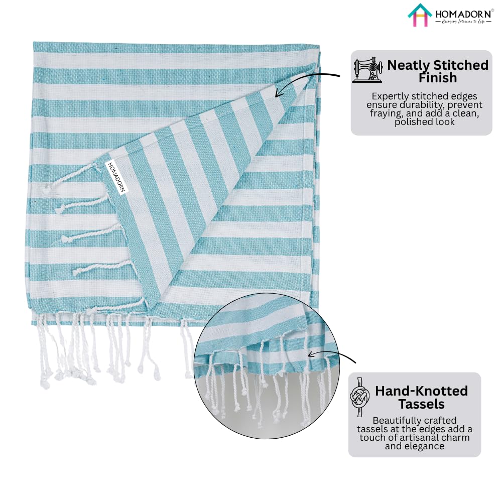 Homadorn 100% Cotton Striped Fouta Bath Towels 1400 Gsm | Soft Quick Dry & Absorbent Hand-Knotted Tassels | Turkish Hamam Towel (Aqua- White)- Pack Of 4