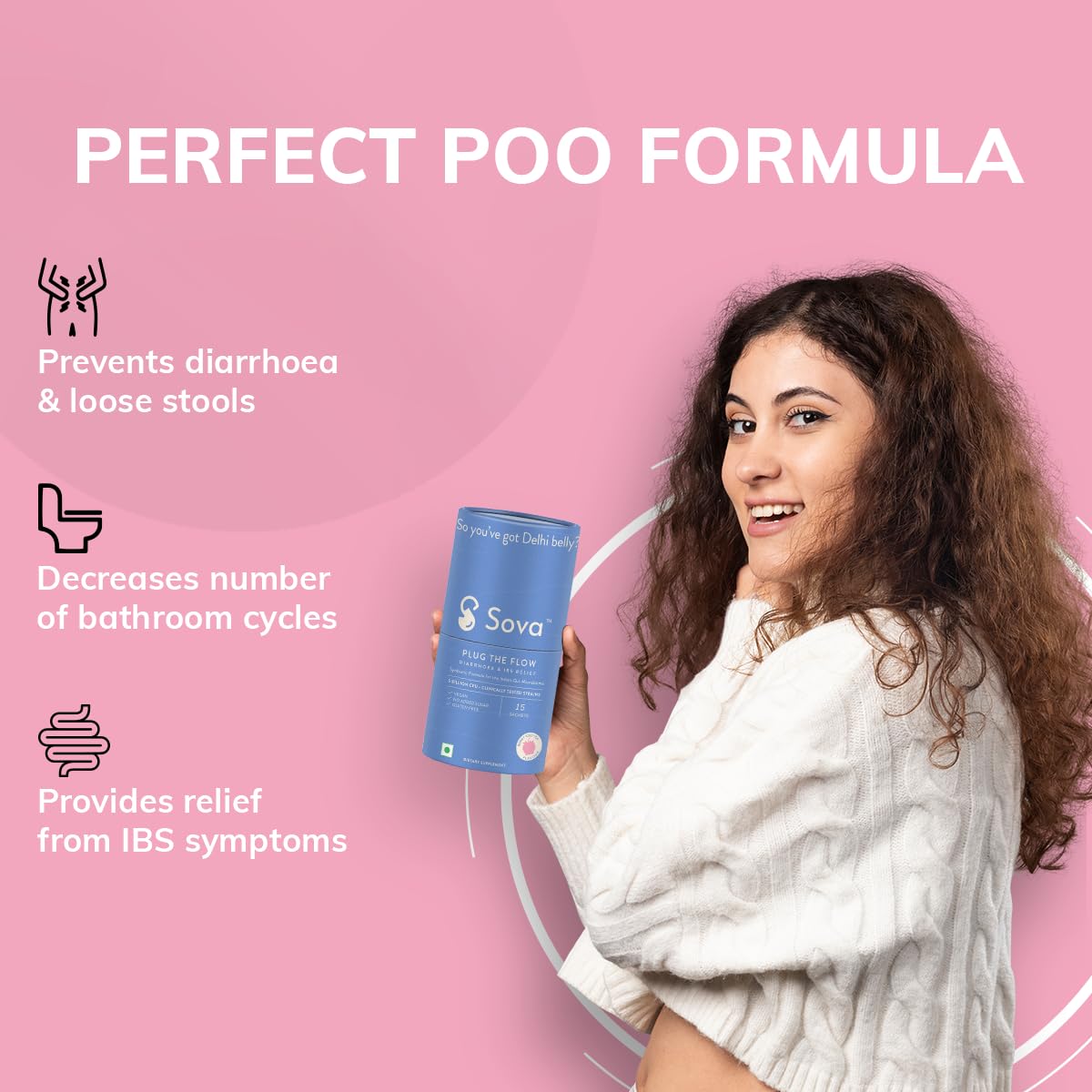 Sova Plug The Flow For Men & Women Ibs Relief, Prevent Loose Stools, Diarrhea, Upset Stomach, Prebiotics, Probiotics & Digestive Enzymes 5 Billion Cfus | 15 Vegan Sachets 150gm 0.3lbs