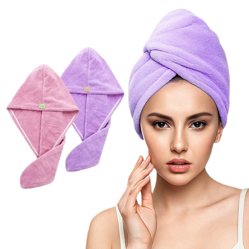 Fezora Hair Towel Wrap For Women (Pack Of 2) | Quick-Dry Microfiber Hair Turban With Elastic Loop | Super Absorbent Hair Drying Towel For Ladies & Girls (Orange & Purple)
