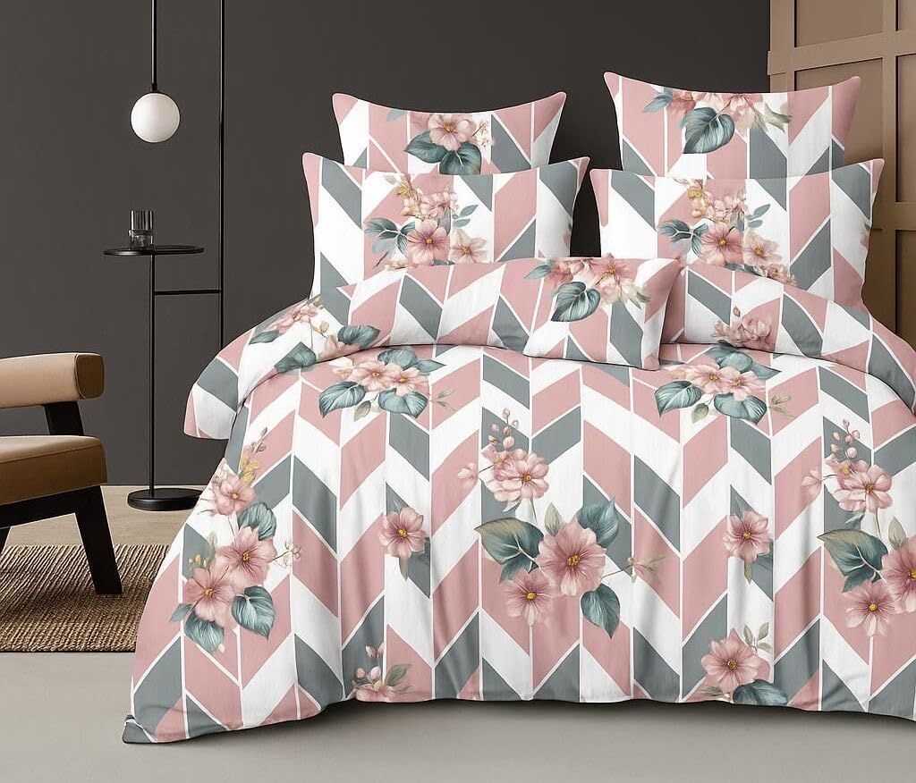 Queen Size Printed Double Bedsheet With 2 Pillow Covers For Home | 90 X 100 Inches, Pink & Grey - Beautiful Bedsheet Set | Perfect For Gifting Wedding, Anniversary