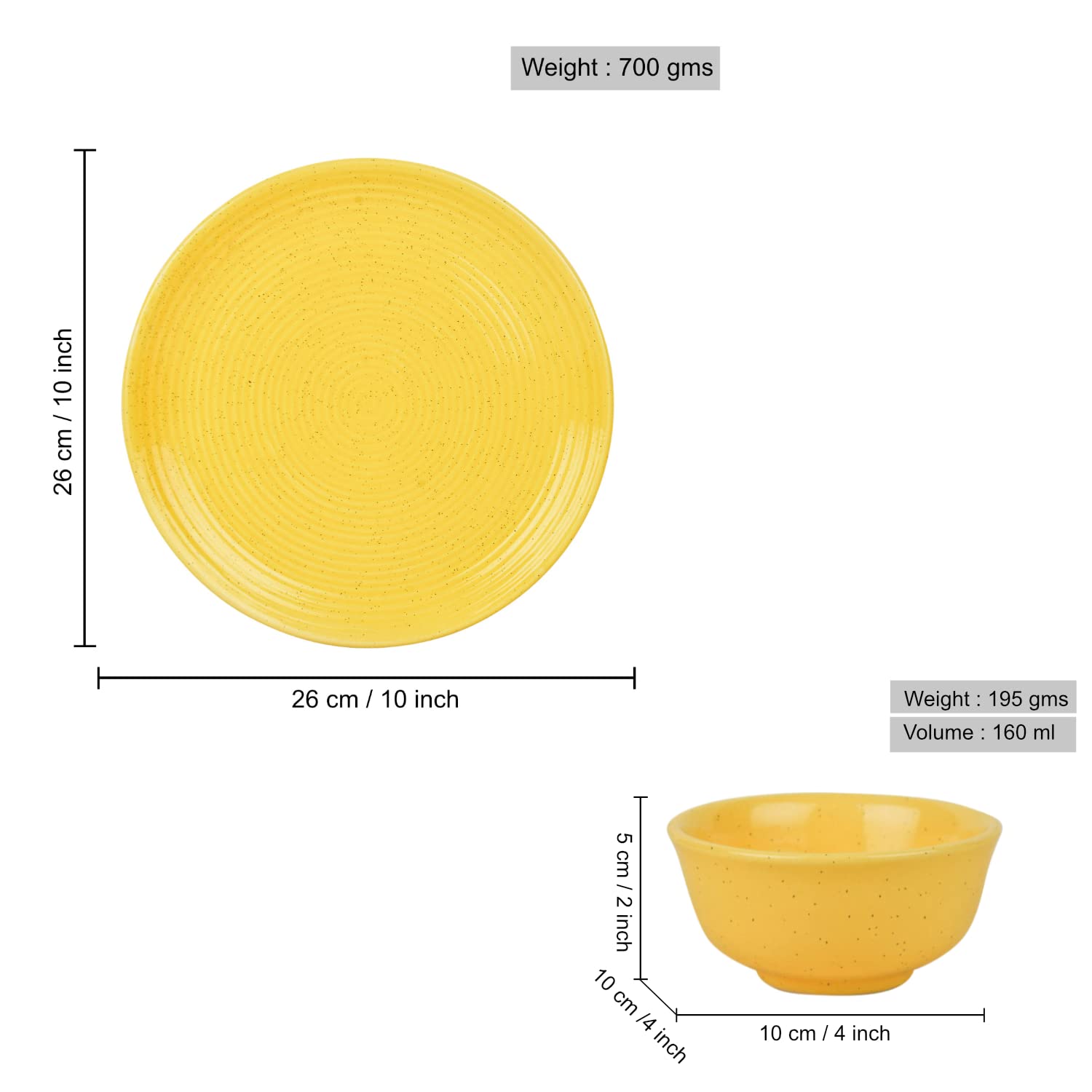 Premium Ribbed Ceramic 2 Dinner Serving Plate With 4 Dinner Bowls, Set Of 6 - Yellow, Plate Diameter: 10 Inches | Plates & Bowls Set - Golden Glow Collection