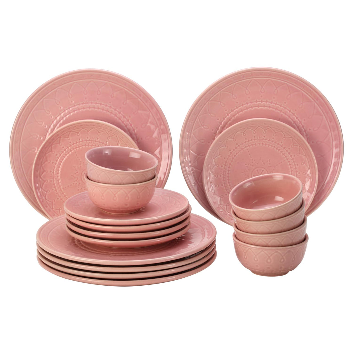 Handcrafted Stoneware Embossed Ceramic Dinner Set Of 18 Pcs - Light Pink | 6 Dinner Plates+ 6 Small Plates+ 6 Small Dinner Bowls, 180ml Each | Microwave & Dishwasher Safe - Serving For 6