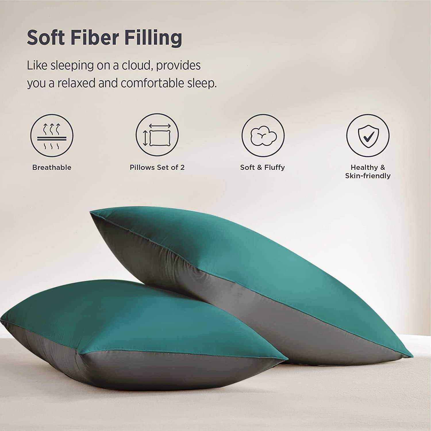 Premium Microfiber Soft Pillow For Sleeping, Teal & Grey, King Size - 17 X 27 Inches | Comfy Hotel Comfort Pillow, Vacuum Packed | Bed Pillow, Hypoallergenic, Lightweight - Set Of 2