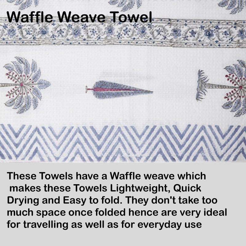 Texstylers 100% Cotton Waffle Weave Bath Towel 900 Gsm | Soft, Quick Dry, Lightweight & Absorbent Large Size Spa Towel For Bathroom, Gym, Travel (Blue Floral) -Pack Of 3