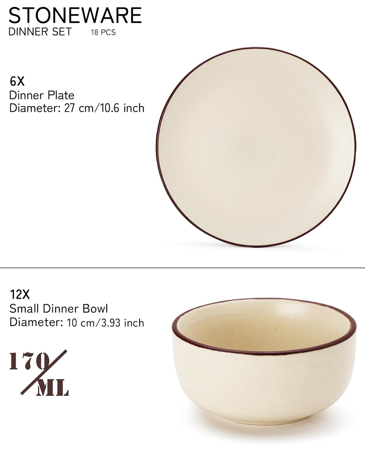 Handcrafted Ceramic Stoneware Dinner Set - Pack Of 18 Pcs, Off White | 6 Dinner Plates, 10.6 Inch Each + 12 Small Dinner Bowl, 170ml Each - Microwave & Dishwasher Safe | Crockery Set For Dining