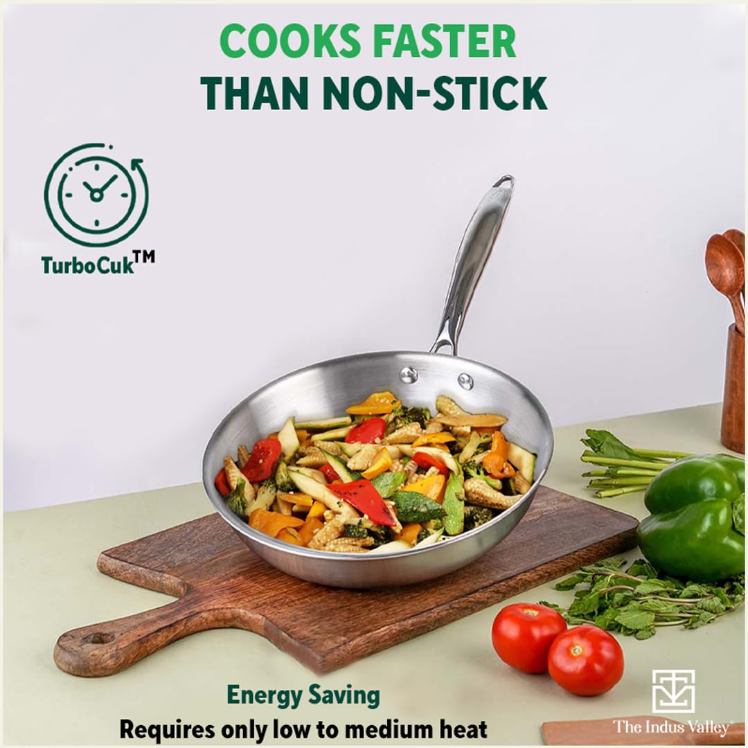 Triply Stainless Steel Fry Pan With Handle For 2-3 People - Medium 24cm, 9.4 Inch, 1.7 Liters, 1 Kg | Induction Friendly, Nonstick 3-Layer Body, 100% Pure & Toxin-Free, No Chemical Coating