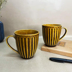 Handcrafted Rustic Tan Yellow Ceramic Coffee Mug Set Of 2 - 350ml Each | Ceramic Mugs For Coffee, Tea, Milk - Microwave Safe & Dishwasher Safe