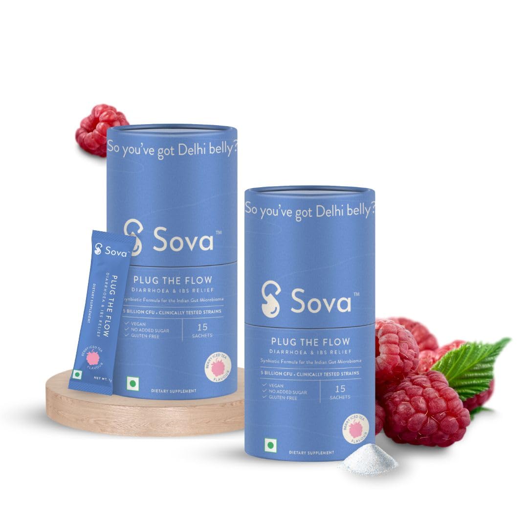 Sova Plug The Flow For Men & Women Ibs Relief, Prevent Loose Stools, Diarrhea, Upset Stomach, Pre & Probiotics Digestive Enzymes 5 Billion Cfus | 15 Vegan Sachets 150gm 0.3lbs, Each Pack Of 2