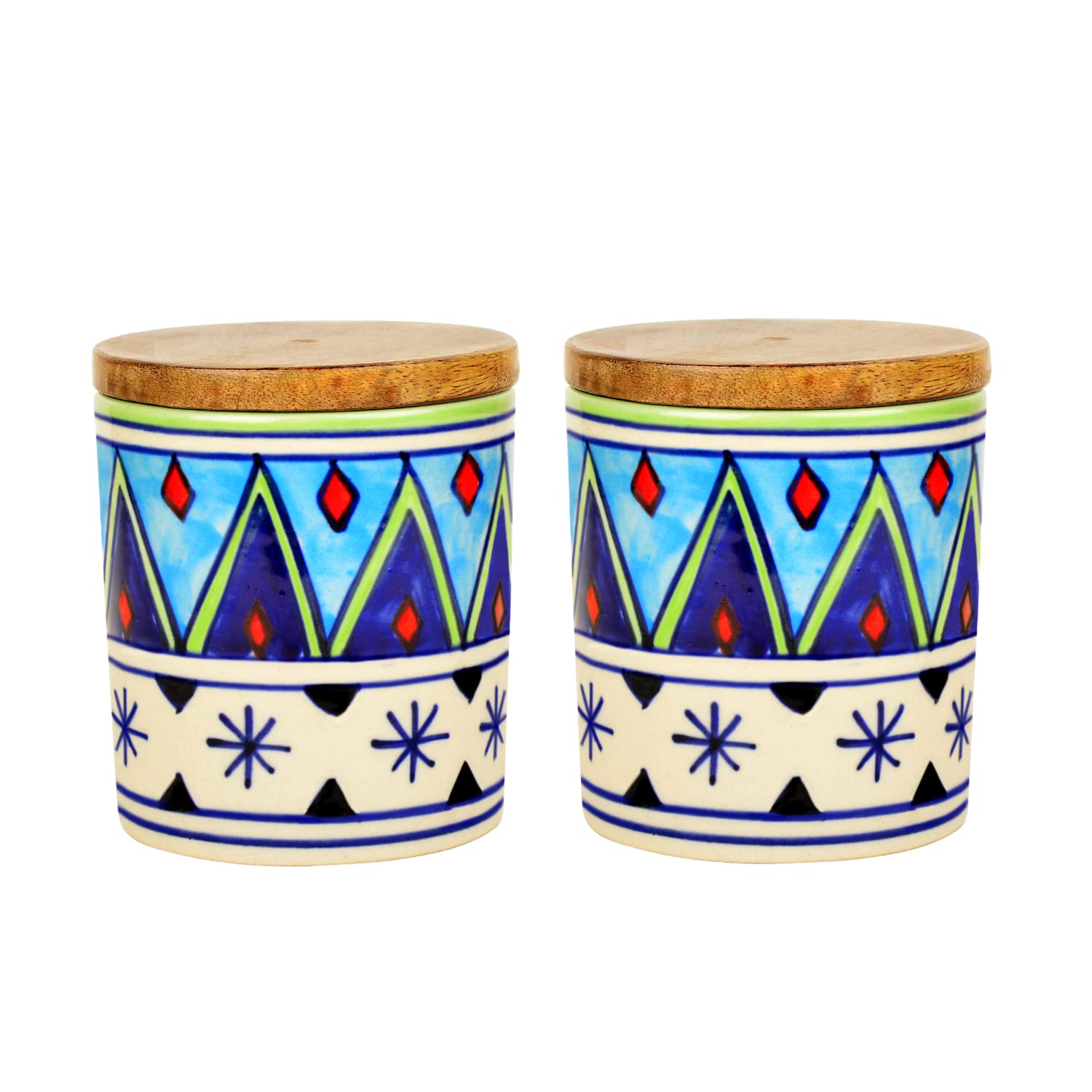 Hand Painted Multi Utility Storage Ceramic Airtight Jar With Sheesham Wooden Lid Set Of 2 - 300ml Each, Multicolor | Airtight Ceramic Container, Cookie Jar - Pickle Storage Jar