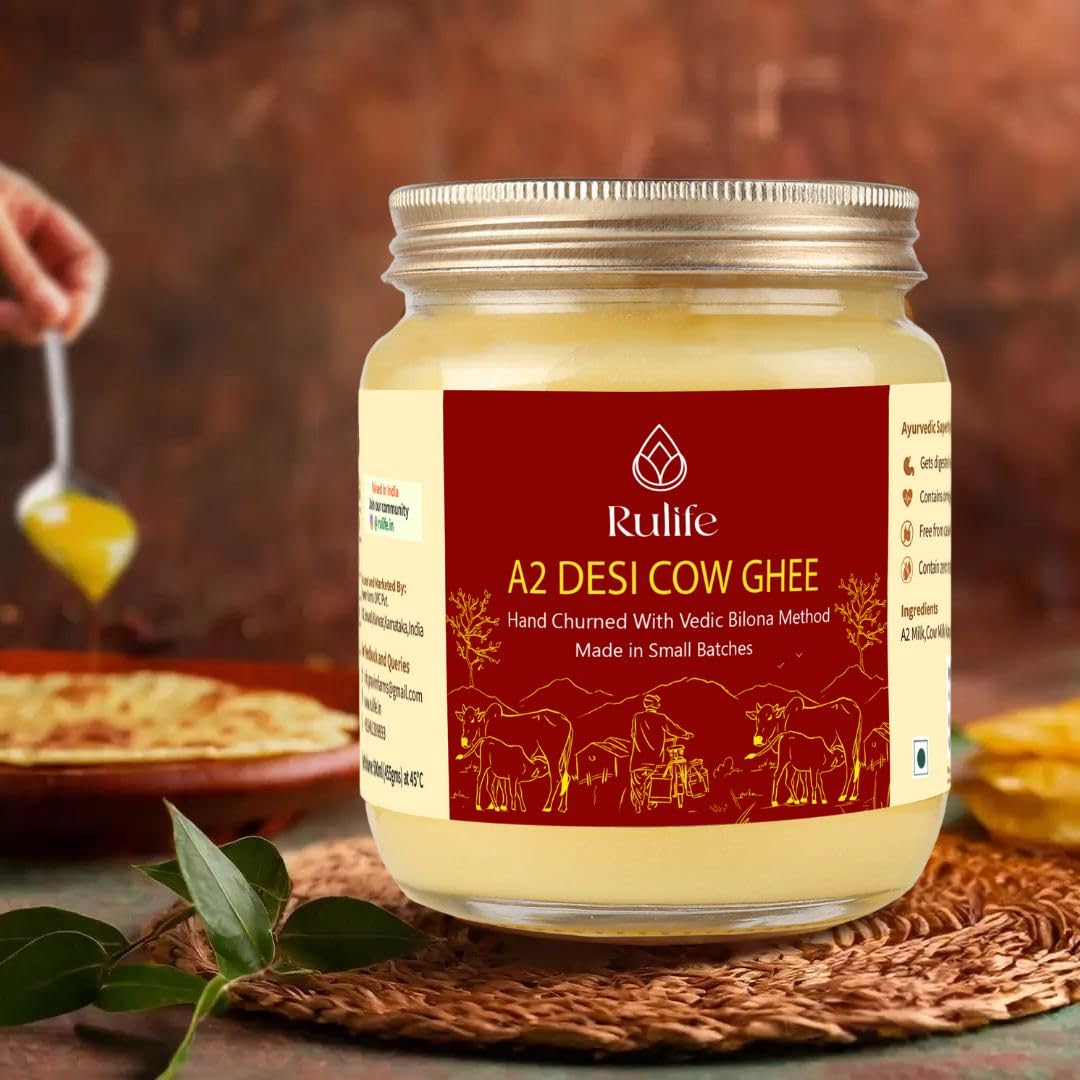 Premium A2 Desi Cow Ghee By Rulife | Bilona Method Curd-Churned Healthy Desi Ghee Good For Heart Health | (500ml) 16.9 Ounce | Jar Pack
