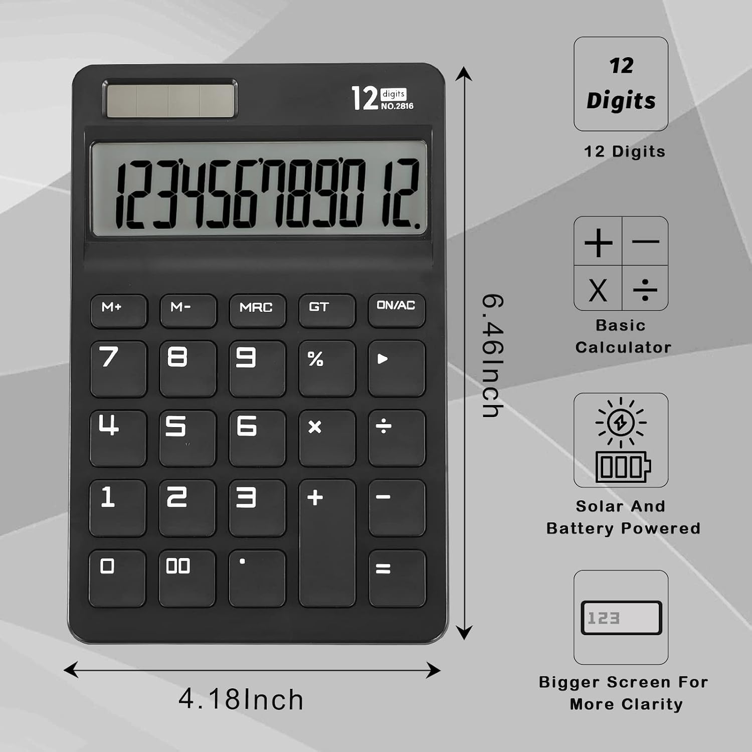 Eoocoo Desk Calculator With Large Key Buttons,12 Digits Standard Large LCD Display Solar And Battery Powered For Office, School, Home & Business Use - Black