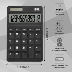 Eoocoo Desk Calculator With Large Key Buttons,12 Digits Standard Large LCD Display Solar And Battery Powered For Office, School, Home & Business Use - Black