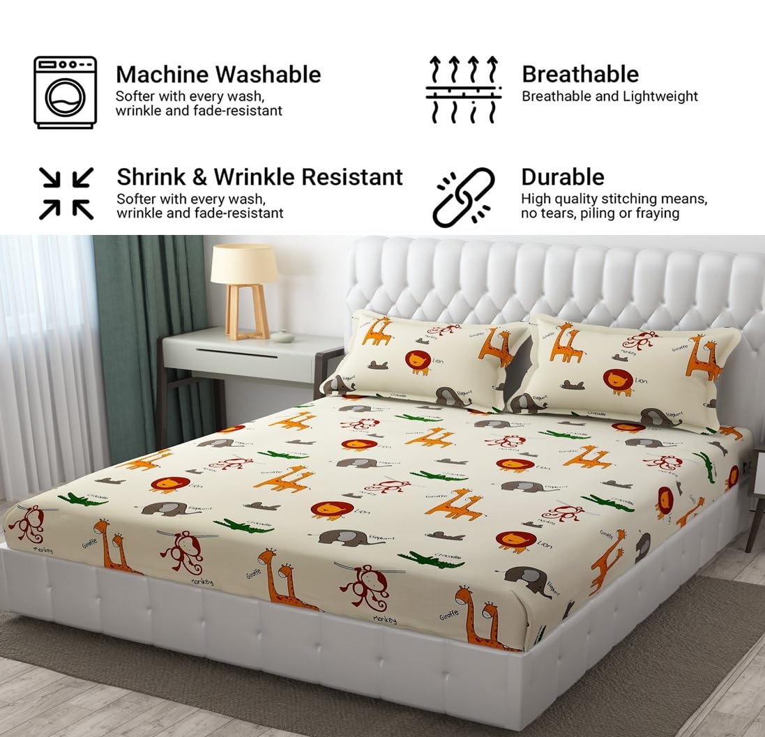 Wrinkle Free Soft Kids Double Bedsheets For King Size With 2 Pillow Cover | 90 X 95 Inches, Cream | Cartoon Printed Design | Child Bedroom Decor