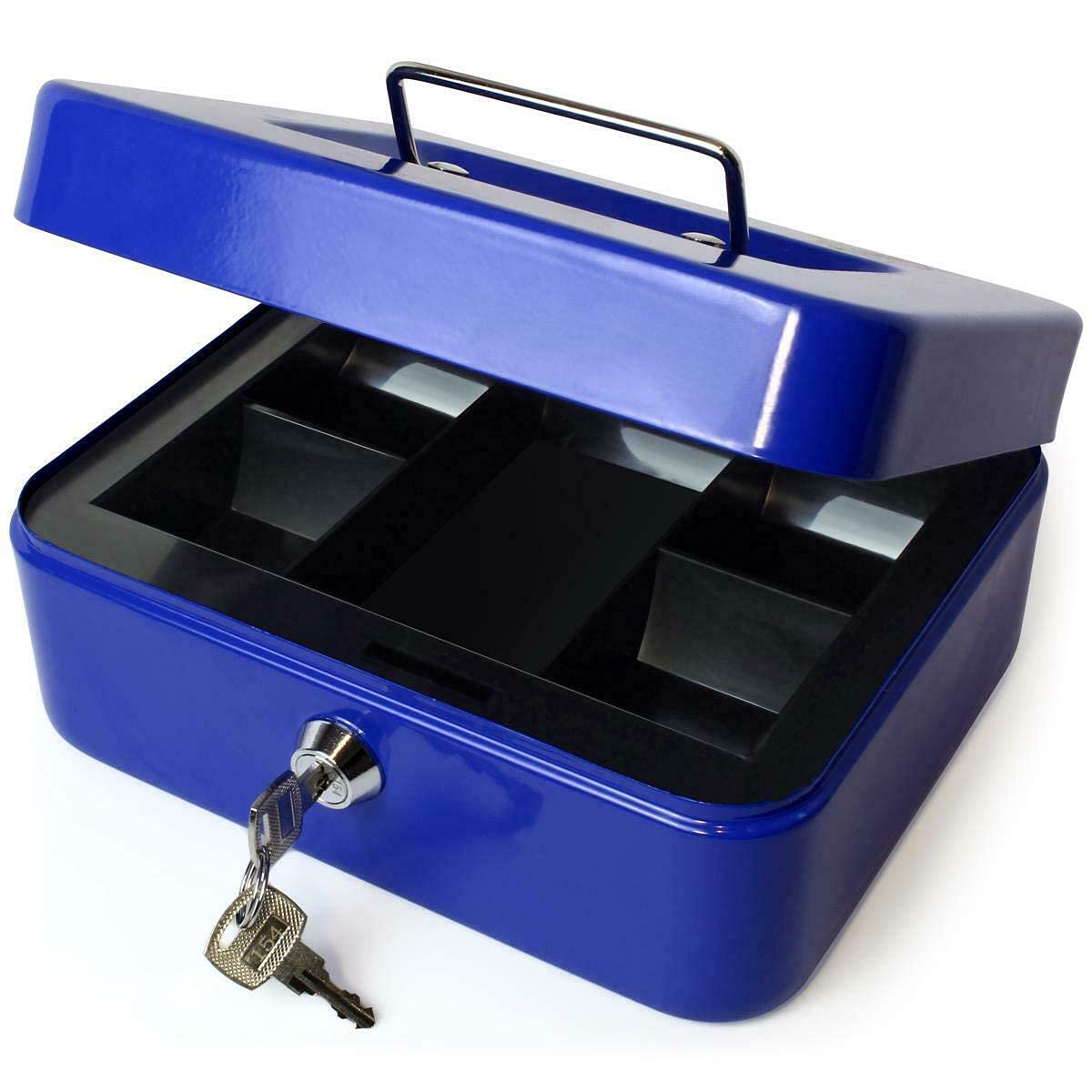 Metal Cash Box With Money Tray, Small Cash Box With Key Lock, Money Slot, Money Coin Safe Security Box Household For Home Office Hotel Business Use, Colour - Blue