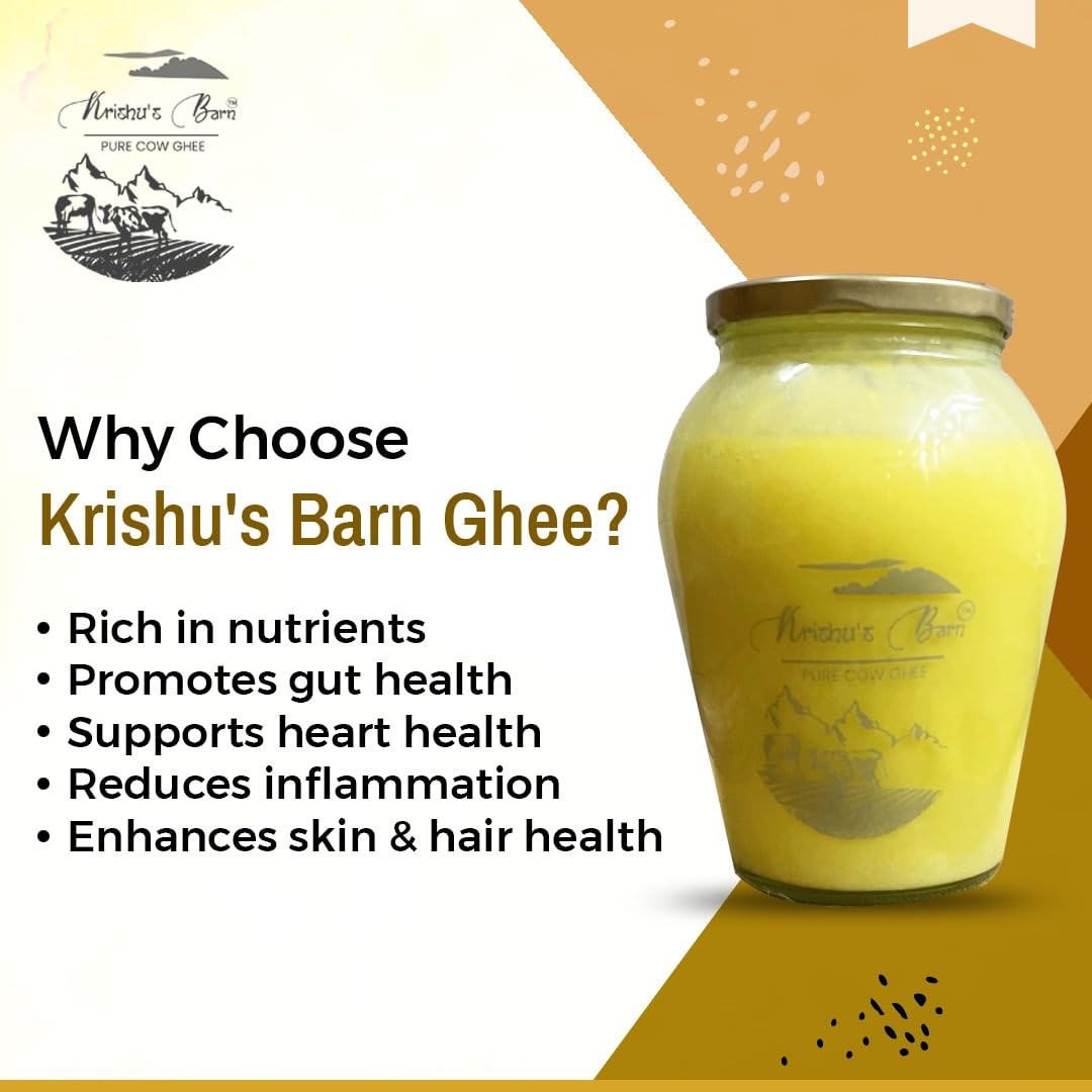 Organic Desi Cow Ghee By Krishu'S Barn | Traditional Curd Churned Pure Danedar Ghee Perfect For Skin & Hair | (1 Litr) 33.8 Ounce | Jar Pack