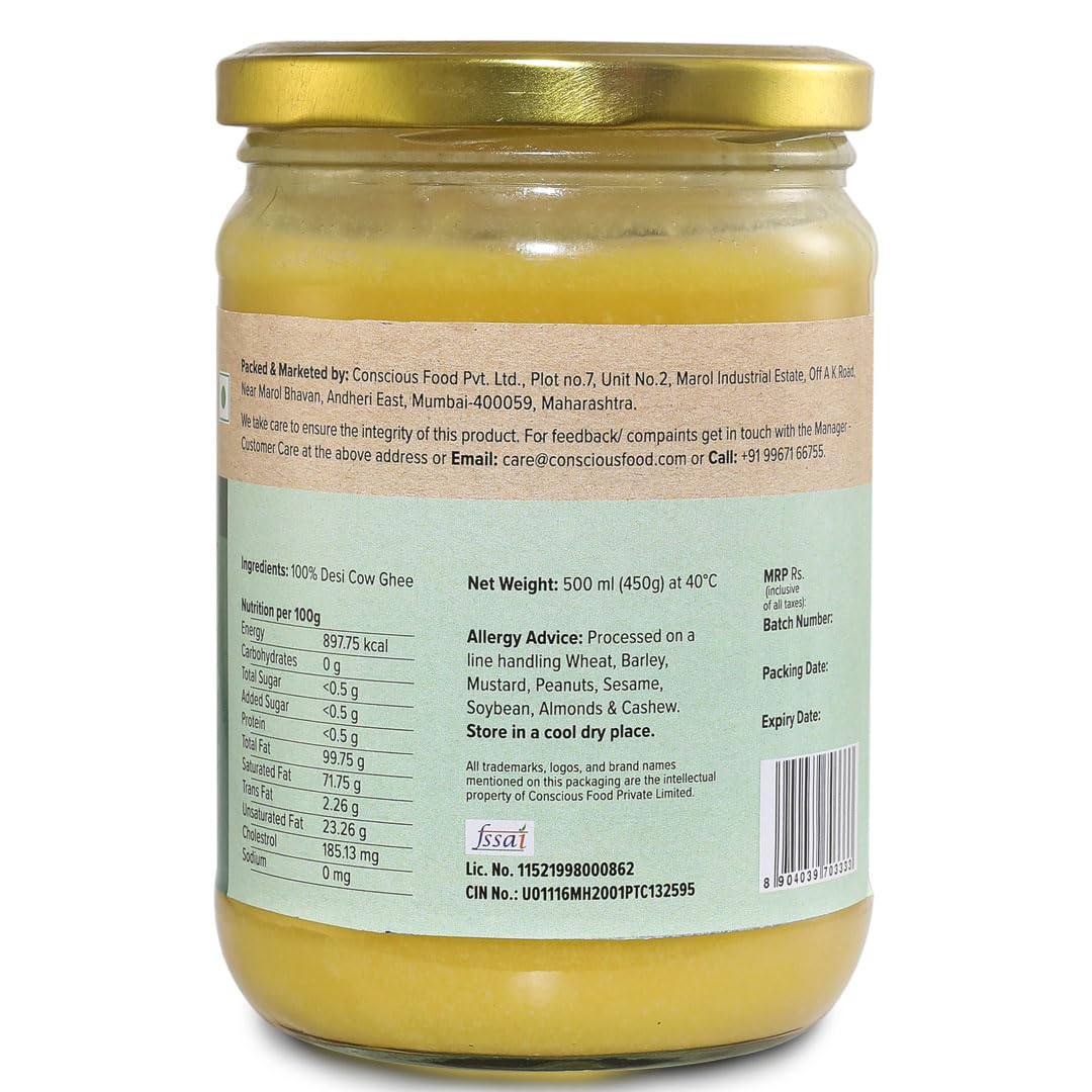 Organic A2 Desi Cow Ghee By Conscious Food | Good Source Of Protein Fiber & Vitamin A Healthy Desi Cow Ghee Perfect For Boost Immunity | (500ml) 16.9 Ounce | Jar Pack