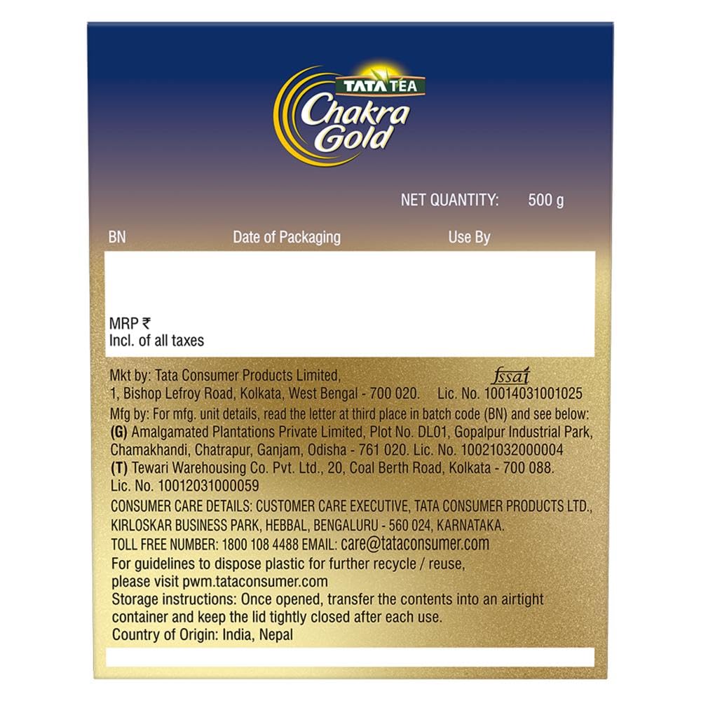 Tata Tea Chakra Gold Premium Leaf Tea - 500gm, 17.6 Ounce | Assam Long Leaf Tea With Added Long Leaves - Rich Aroma & Taste | Medium Caffeine Chai Patti