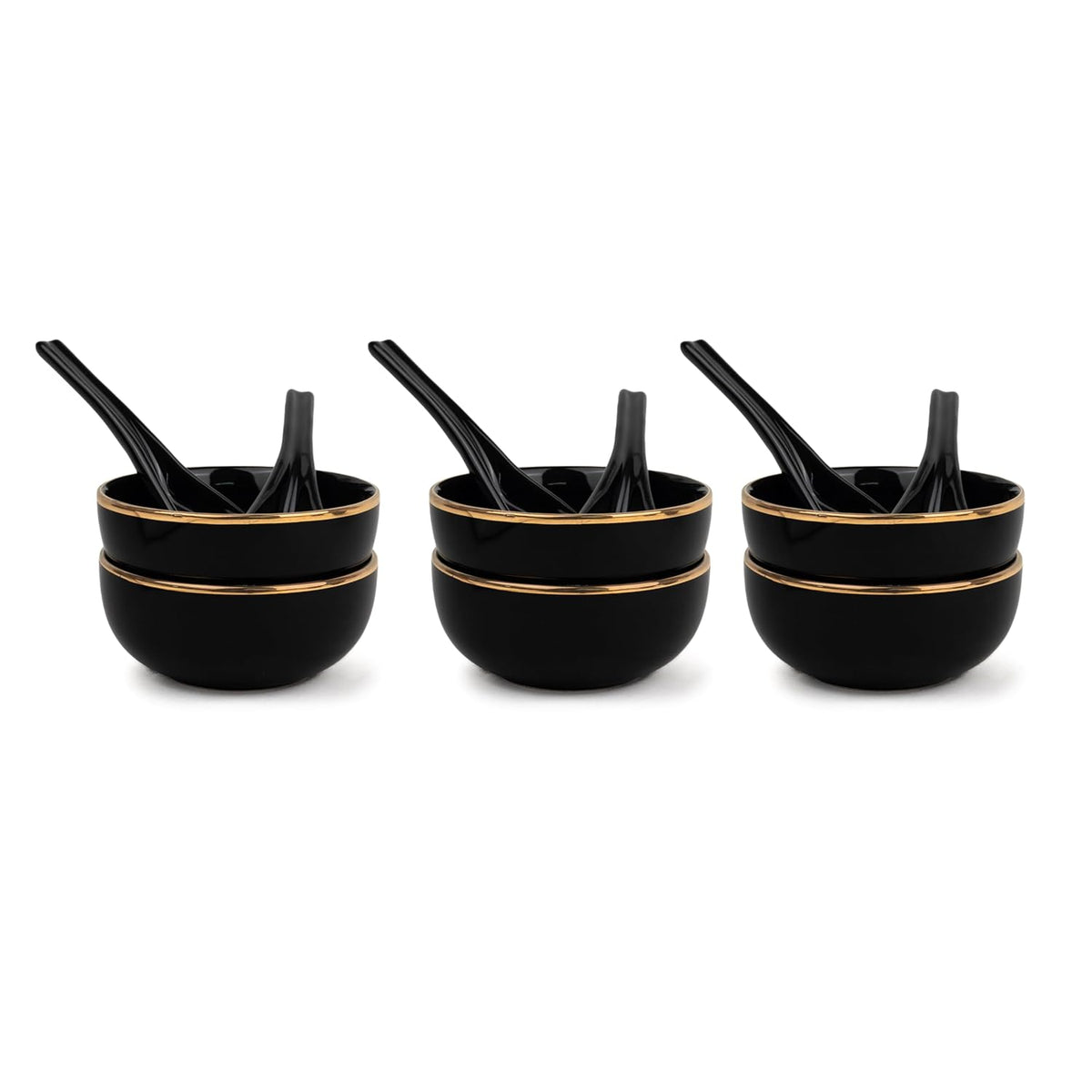 Ceramic Soup Bowl Set With Spoons - 300ml Each, Black Gold | 6 Pieces Soup Bowls + 6 Spoons | Glossy Finish - Premium Stoneware Ceramic Soup Bowls With Spoons | Soup Bowl Set Of 6
