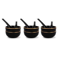Ceramic Soup Bowl Set With Spoons - 300ml Each, Black Gold | 6 Pieces Soup Bowls + 6 Spoons | Glossy Finish - Premium Stoneware Ceramic Soup Bowls With Spoons | Soup Bowl Set Of 6