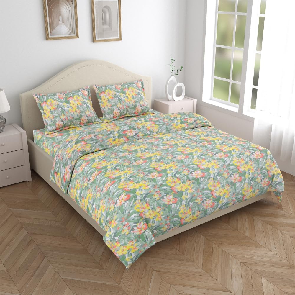 Flat Bedsheet Queen Size Bed With 2 Pillow Covers - 100 X 90 Inches, Green & Yellow | Soft, Breathable & Durable | Skin-Friendly & Durable