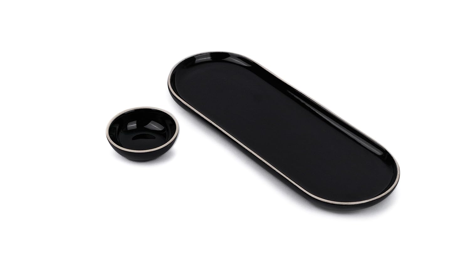 Large Oblong Ceramic Serving Platter, Black Oblong Modern Series | Big Serving Plate Set - Platters Serving Set | Snacks Serving Plates - 1 Serving Platter + 1 Dip Bowl