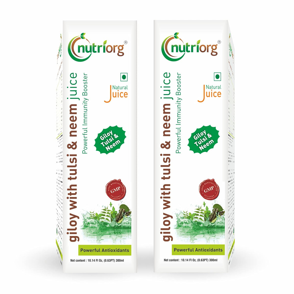 Nutriorg Pure & Natural Giloy & Tulsi, Neem Juice, Immunity Booster, 100% Natural & Has Been Extracted From Organic Giloy Farmed In Certified Organic Farms | 300ml 0.66lbs Each Pack Of 2