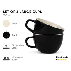 Large Ceramic Coffee Cup Set Of 2 - Black, 300ml Each | Cappuccino Cup With Glossy Finish - Large Ceramic Coffee Cup | Premium Stoneware Coffee Cup - Microwave Safe
