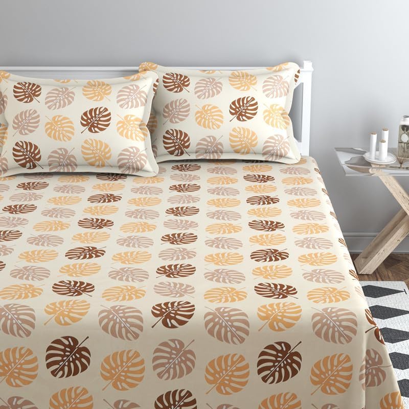 100% Cotton Double Bedsheets With 2 Pillow Covers - 72 X 78 +10 Inches, Beige & Brown | All Around Elastic 220 TC Super Soft Breathable & Wrinkle Free