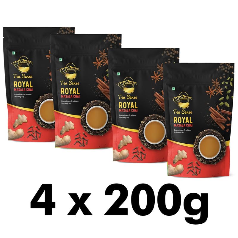 Tea Sense Royal Masala Chai - Pack Of 4 X 200gm, 7.05 Ounce Each | Assam CTC, Ginger, Cardamom, Clove, Cinnamon, Black Pepper, Star Anise - Strong & Kadak Chai Patti, High Caffeine
