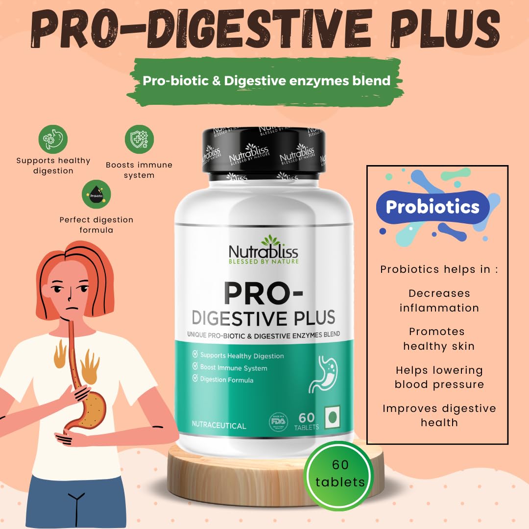 Nutrabliss Pro Digestive Plus Improve Gut Health, Breakdown Carbs, Protein, Fat & Lactose, Potent Digestive Enzymes & Probiotic Blend | 60 Tablets, 100gm 0.2lbs
