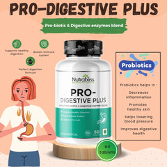 Nutrabliss Pro Digestive Plus Improve Gut Health, Breakdown Carbs, Protein, Fat & Lactose, Potent Digestive Enzymes & Probiotic Blend | 60 Tablets, 100gm 0.2lbs