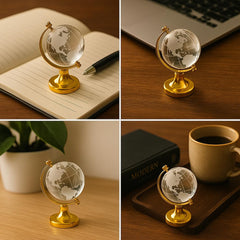 Luxury Crystal Mini 3 Inch Globe With Golden Stand, For Desk Or Office Decor, Modern Decorative Glass Globe With Etched Continents (Gold & White) Pack Of 1