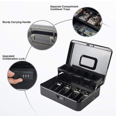 Money Box With Combination Lock, Metal Cash Box With Money Tray, Cash Register,5 Compartments Cantilever Tray & 4 Spring Loaded Clips For Bills,11.81"X 9.45"X 3.54" Colour - Black